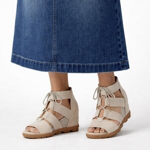 Sorel Joanie II Sandals Wedge Heel Lace Up Taupe Leather Strappy Women's Sz 6.5